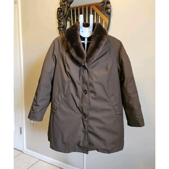 Vintage Eddie Bauer Goose Down Puffer Jacket Black Label Faux Fur Womens L XL - Picture 1 of 9